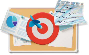 cork board with statistics and notes