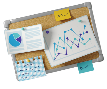 cork board with statistics and notes